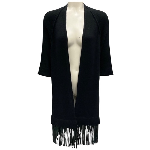 ZADIG & VOLTAIRE BLACK CASHMERE KNIT SWEATER WITH LAMB LEATHER FRINGE PALOMA CAR - Picture 1 of 5